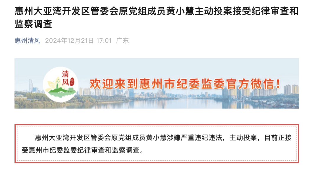退休一个月主动投案！惠州黄小慧被查