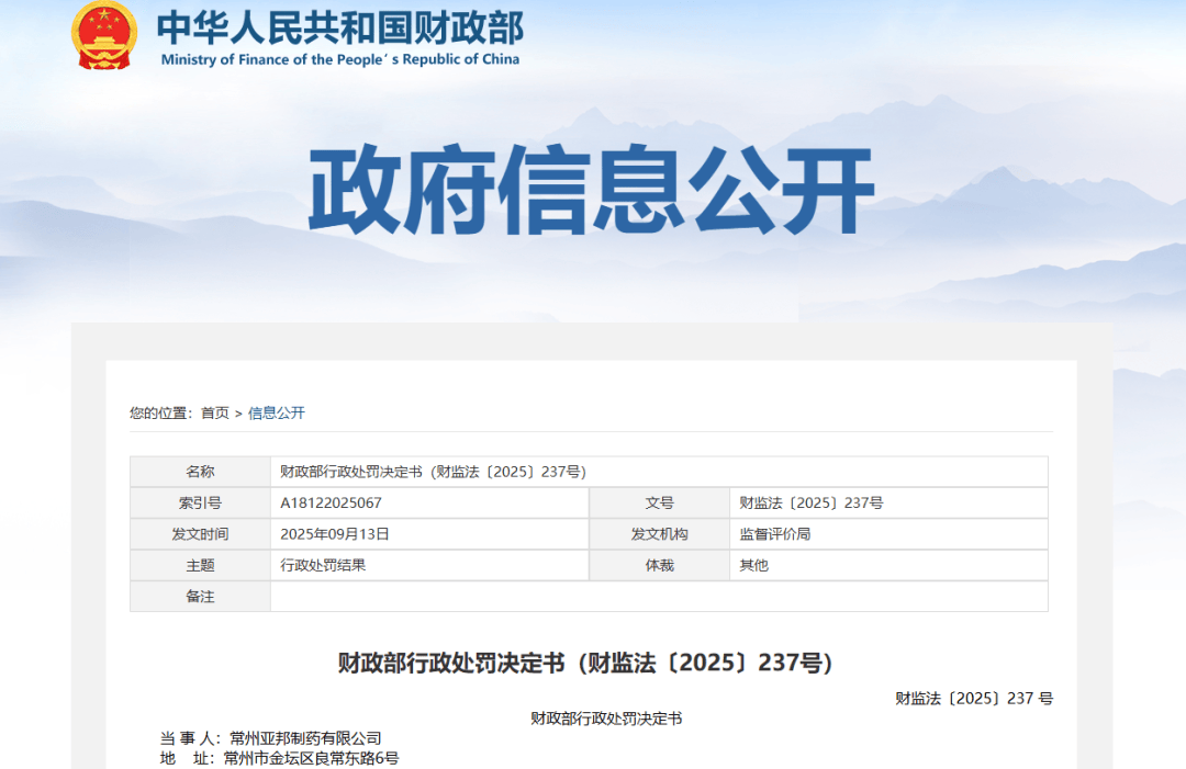 财政部出手!常州亚邦制药虚增6556万元收入,被罚8万元